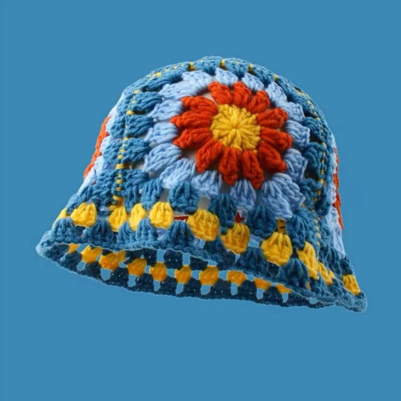 2024 Spring New Crochet Hat Korean Handmade Bucket Hat Women's Weaving Knitted Hat Y2k Fashion Flowers Autumn Winter Ins Beanies Good Vibrations