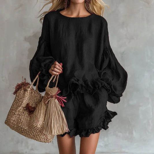 Bohemian Casual Vacation Outfits Woman Elegant O Neck Ruffle Hem Top And Beach Shorts Set Spring Solid Loose Fit Streetwear Suit Good Vibrations