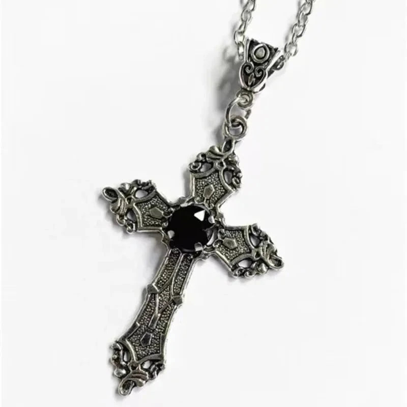 Gothic Irregular Cross Clavicle Chain Necklaces Y2K Punk Crystal Big Cross Pendant Necklaces for Women Men Aesthetic Jewelry Good Vibrations