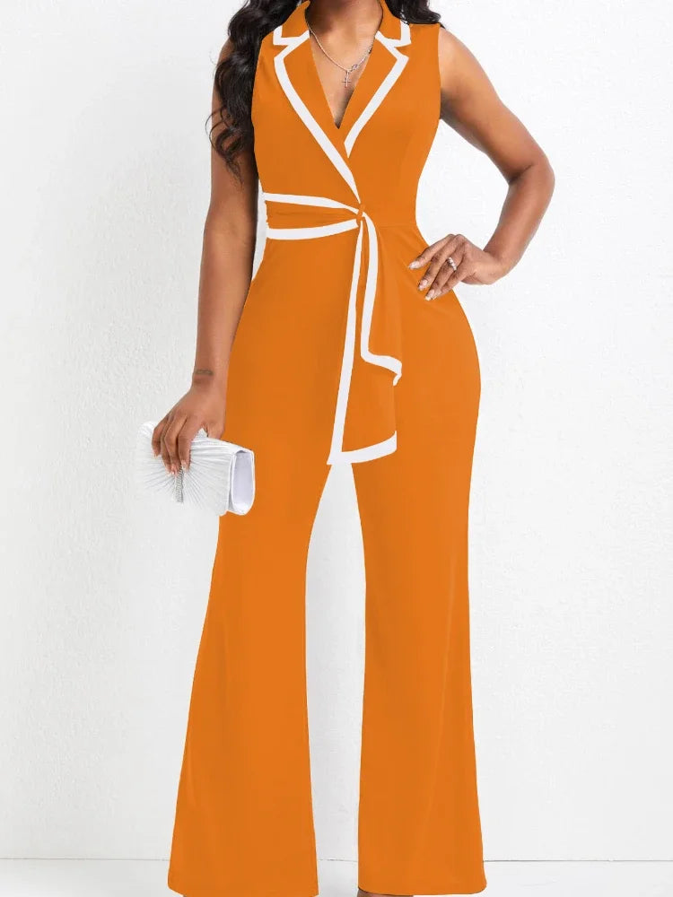 Women's Overalls Outfits Full Length New Fashion 2025 Summer V Neck Elegant Sleeveless Office Lady Jumpsuit Wide Leg Pants Good Vibrations