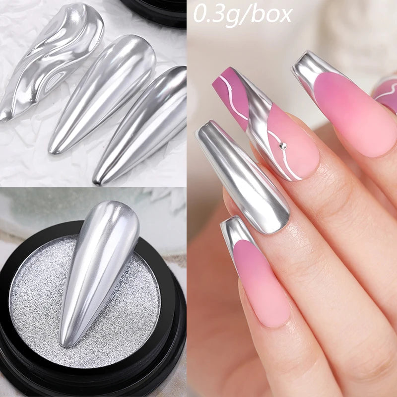NICOLE DIARY Moonlight Mirror Nail Powder Aurora Silver Glitter Metallic Effect UV Gel Polish Pigment Chrome DIY Nail Decoration Good Vibrations