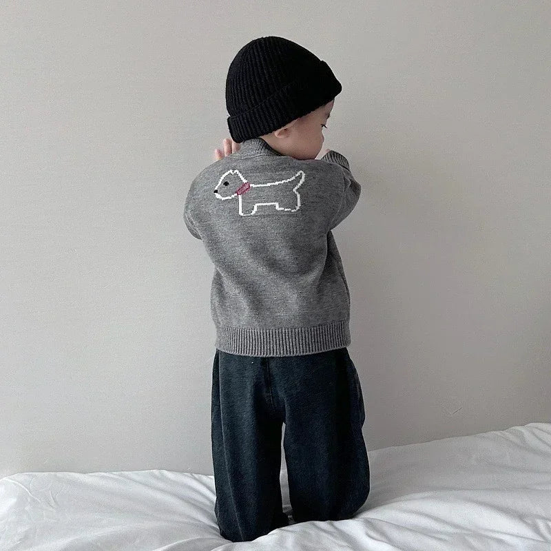 Children's Round Neck Sweaters Autumn New Dog Pattern Baby Clothings Japanese and Korean Grey Knitted Sweaters Cute Top Cardigan Good Vibrations
