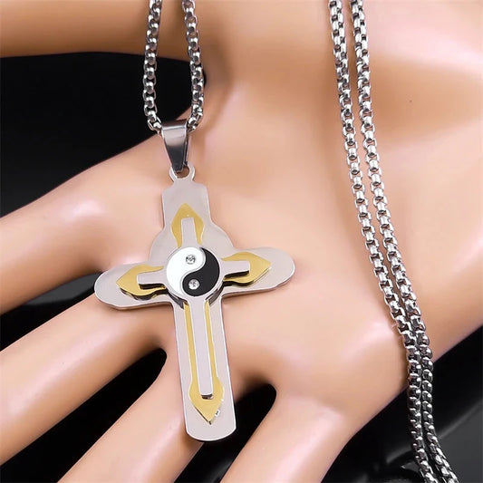 Christian Cross Necklace for Men Women Stainless Steel Gold Silver Color Vintage Yin Yang Tai Chi Gossip Chain Jewelry NZZZ159S2 Good Vibrations
