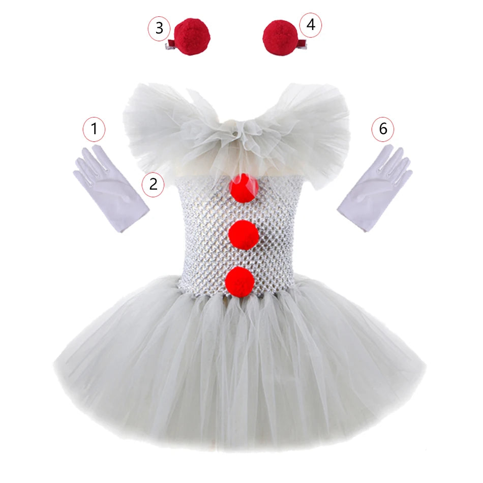 Halloween Costume For Kids Gray Girls Tutu Dress Kids Cosplay Scary Clown Costume Carnival Masquerade Party Dress Up 3-12Y Good Vibrations