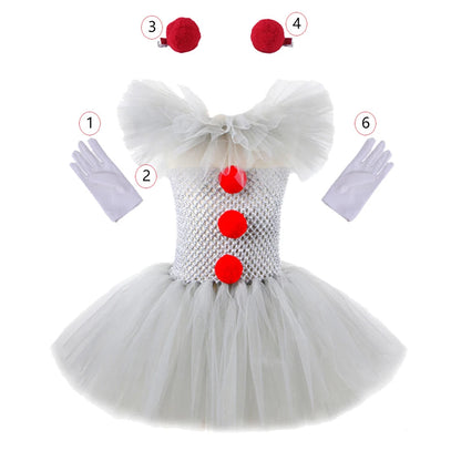 Halloween Costume For Kids Gray Girls Tutu Dress Kids Cosplay Scary Clown Costume Carnival Masquerade Party Dress Up 3-12Y Good Vibrations