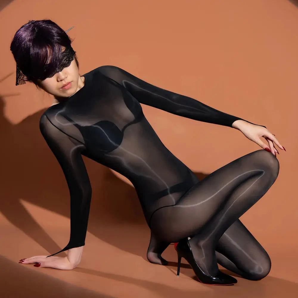 Shiny High Cut Patchwork Hook Finger Bodystocking Nylon Catsuit Close Open Crotch Bodysuit Tight Sexy Leotard Conjoined Lingerie GOOD Vibrations