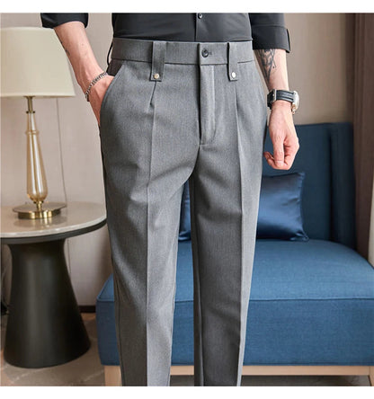 Mens Suit Pants 2025 Autumn New British Style Elastic Waist Solid Casual Formal Dress Pants Slim Fit Trousers for Men Clothing Good Vibrations