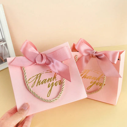 20/30/50pcs Thank You Gift Bags Reusable Paper Party Bags with Handles Gold Bow Ribbon Mini Pink Party Favor Bags for Birthday Good Vibrations