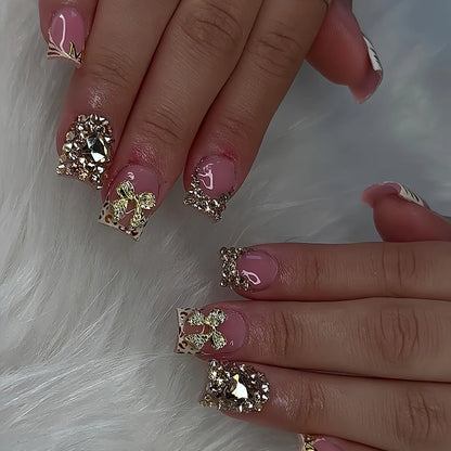 24pcs Nude Pink Sweet Fake Nails Short Duckbill Leopard Print French False Nails With 3D Bowknots Butterfly Cherry Press On Nail Good Vibrations