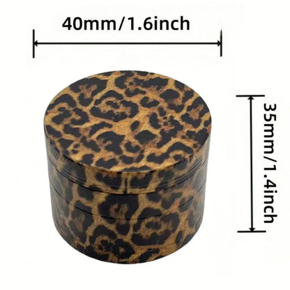 40/50mm leopard print herb grinder with 4 layers, metal construction, and magnetic lid.