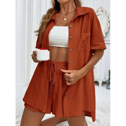 Fashion Black Short Sleeve Shirt And Shorts Two Piece Sets Women 2025 Summer Cotton Linen Casual Home 2 Piece Sets Women Outfit Good Vibrations
