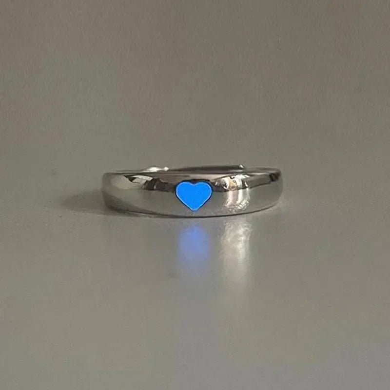 Glow In Dark Ring Luminous Blue Pink Light Love Heart Ring Couples Girls Silver Color Jewelry Adjustable Size New Fashion Rings Good Vibrations