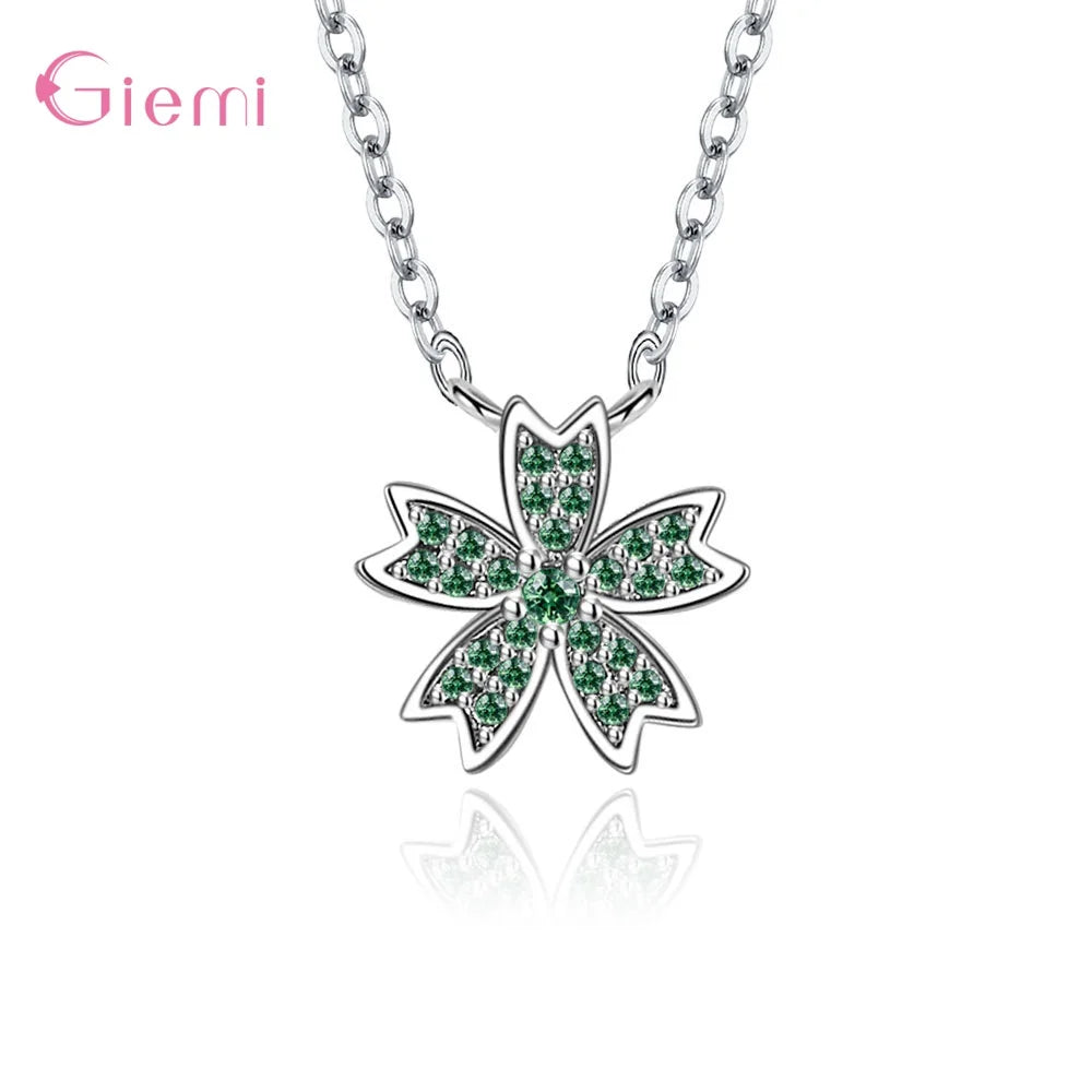 Charm 925 Sterling Silver Jewelry Sets Shiny Cherry Blossoms Cubic Zircon Necklace Earrings Bracelet for Women Girls Party Gift Good Vibrations