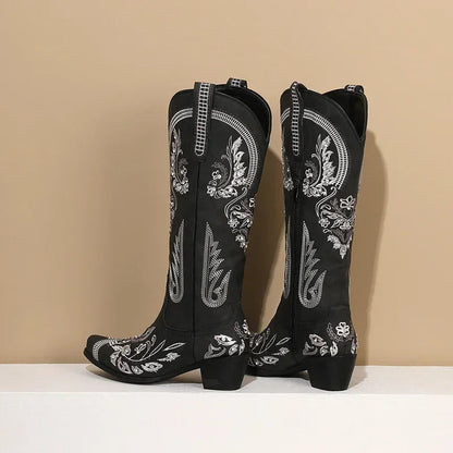 Western Cowboy Knee High Boots for Women Embroidery Flower Rhinestone White Brown Round Toe High Heels Retro Cowgirl Long Boots Good Vibrations