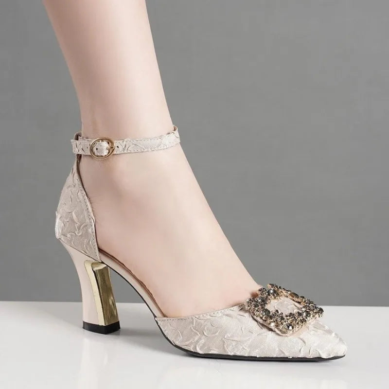 High Heel Shoes for Women 2024 Spring New Bling Buckle Pointed Toe Thin Heels Women Shoes Sexy Dress Wedding Pumps Heeled Shoes Good Vibrations