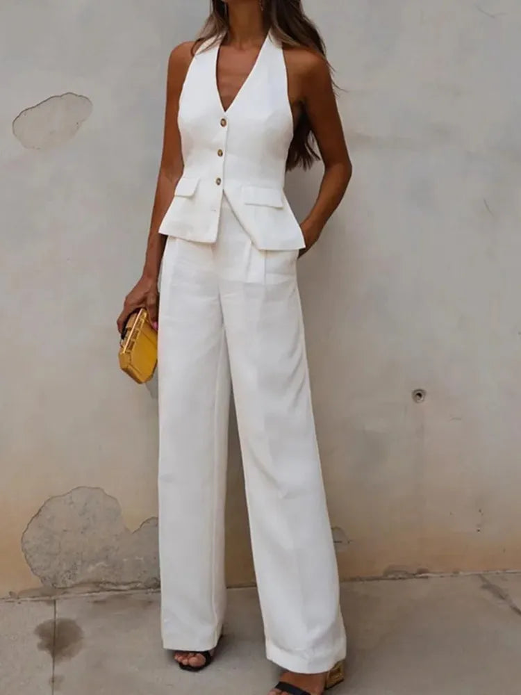 MUJER Pants Sets For Women 2 Pieces Off Shoulder Sleeveless Vest Woman Outfit Fashion Wide Leg Pants Elegant Casual Women's Set Good Vibrations