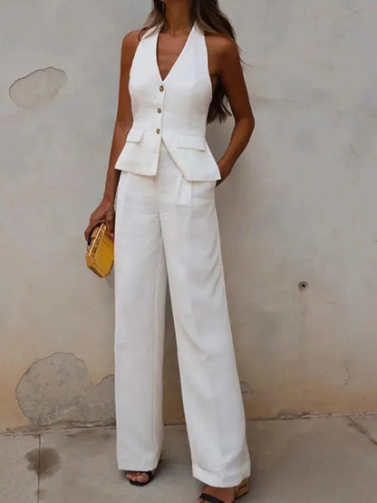 MUJER Pants Sets For Women 2 Pieces Off Shoulder Sleeveless Vest Woman Outfit Fashion Wide Leg Pants Elegant Casual Women's Set Good Vibrations