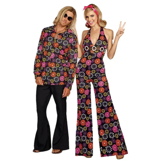 Halloween Cosplay Costumes 70s 80s Disco Couple Costume  Vintage Hippies Costume Men Women Music Festival Party Fancy Dress Good Vibrations