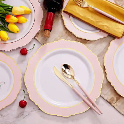 30Guest Pink Plates Disposable - Hign-End Baroque Design - Gold Plastic Silverware With Handle-Baroque Pink &Gold Plastic Good Vibrations