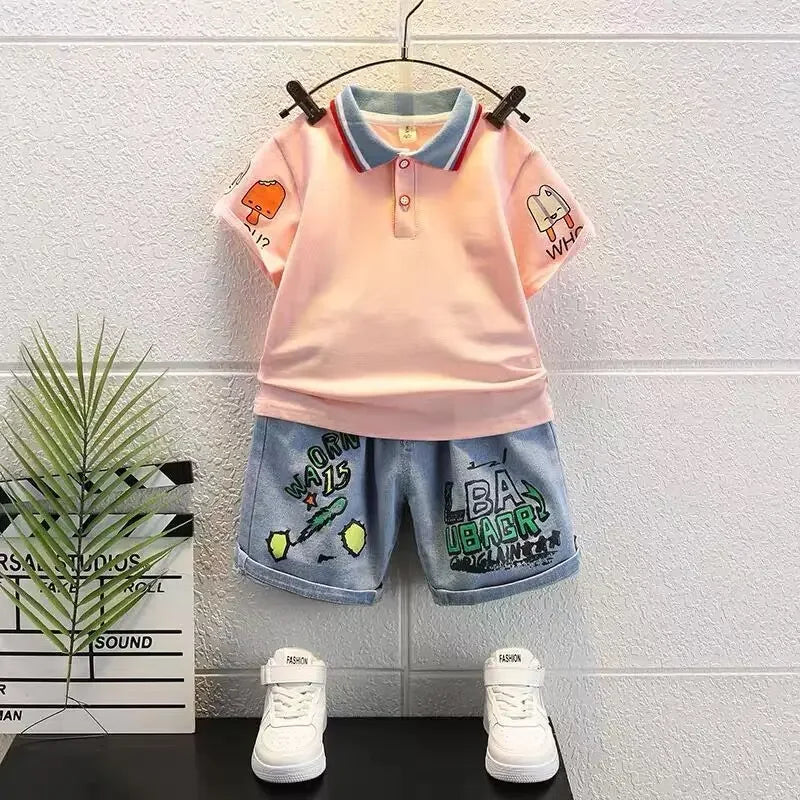 Boys Outfit T-Shirt and Jeans Korean Polo Fashion 2PCS Casual Clothing Korean Reviews  2025 Summer Top Toddler Kids Clothes Sets Good Vibrations