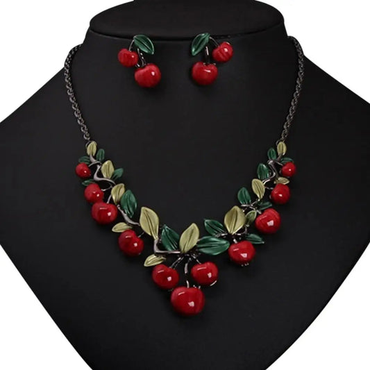 1 Set Jewelry Set for Women Vintage Red Cherry Fruit Jewelry Set Chic Bridal Necklace Earrings Gift Bridal Decoration Luxury Good Vibrations