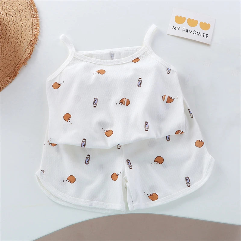 2026 New Kids Tops+shorts Set Summer Thin Baby Cotton Vest Sleeveless Loungewear Set for Girls Suit Good Vibrations