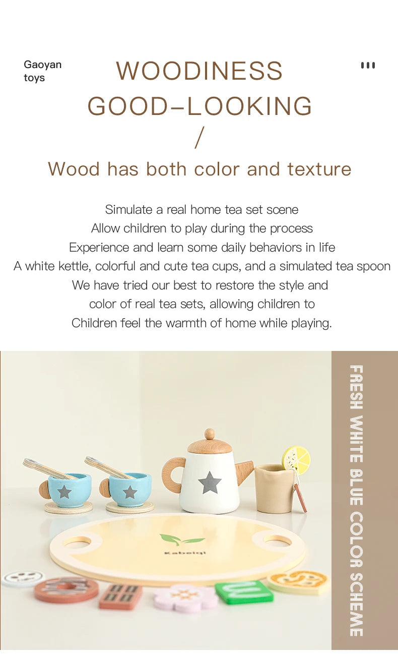 Wooden Kitchen Play Toys Kitchen Simulation Tea Set Afternoon Tea Activity Games Pretend Play Kitchen Accessories Toy for Kids Good Vibrations