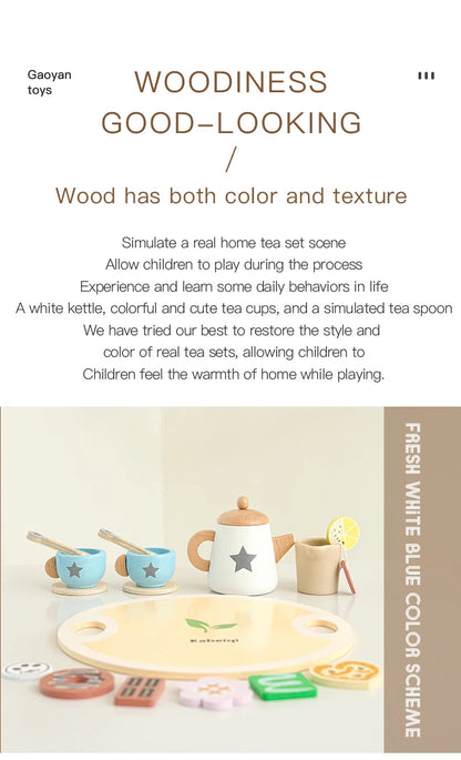 Wooden Kitchen Play Toys Kitchen Simulation Tea Set Afternoon Tea Activity Games Pretend Play Kitchen Accessories Toy for Kids Good Vibrations