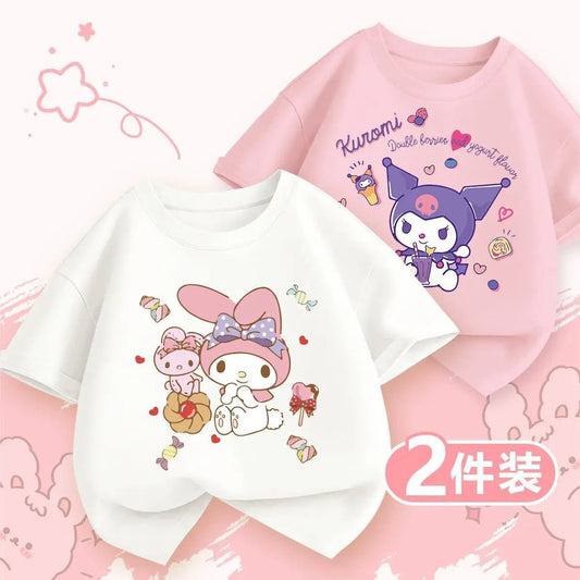 2pcs/pack Sanrio Summer Baby Girls Clothes Children Hello Kitty Short Sleeve T-shirts Kid Cotton Cartoon Breathable Soft Top Good Vibrations