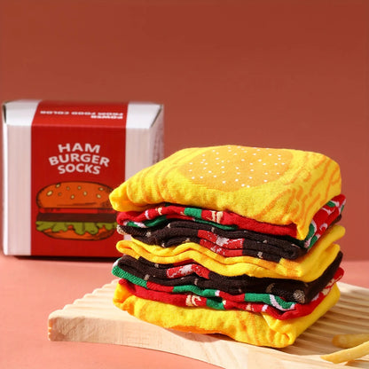 Two pairs of colorful burgers patterns men and women on the eve of Halloween Give Friends Socks Four Seasons Autumn and Winter Good Vibrations