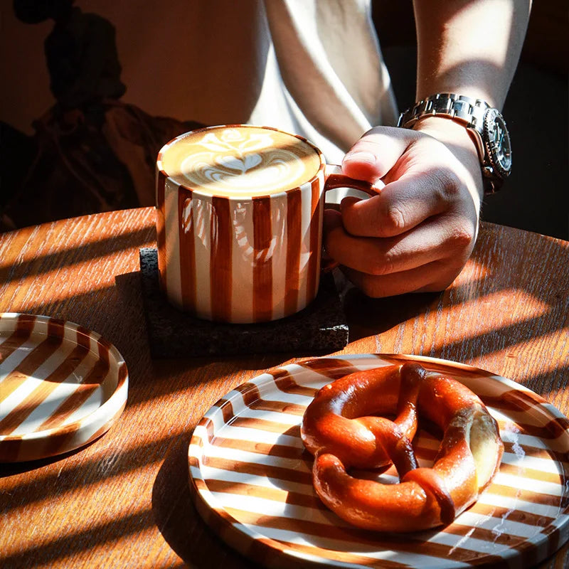 Ceramic Coffee Mug Three-piece Set Hand-painted Striped Mug Afternoon Camellia Tea Mug Breakfast Milk Oatmeal Mug Cake Plate New Good Vibrations