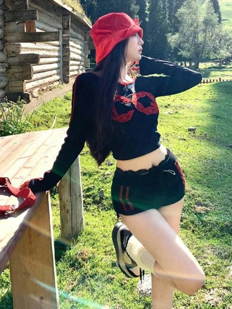 Shirt + High Waist Bandage Shorts Autumn Femme Grunge Suit