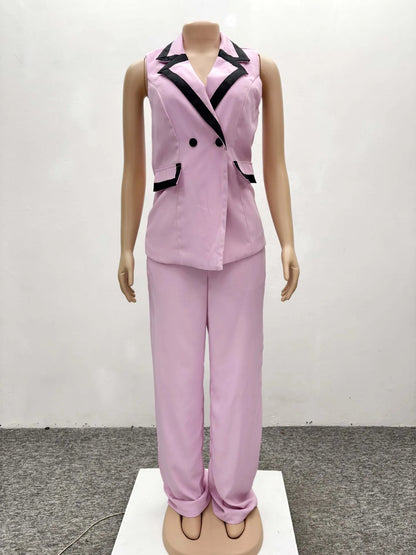 Pants Set Women Two Piece Sets Matching Sets Work Elegant Double Breasted Tops Vest Wide Leg Long Pants High Waist Y2k Pink Good Vibrations