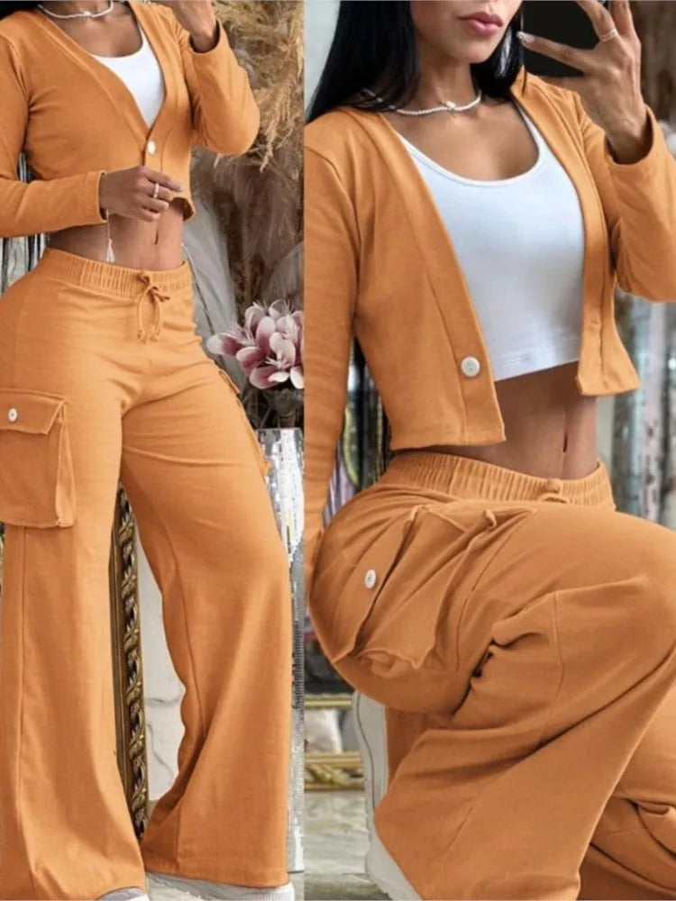 Women's Spring Summer New Fashionable Solid Color Printed Sexy Waist Short Top Casual Pants Set For Women Good Vibrations