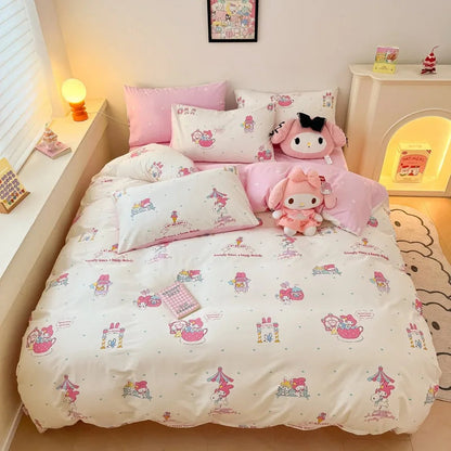 Sanrio 100% Cotton Bedding Set Cute Hello Kitty Kuromi Melody King Queen Pillowcase Bed Linens Girl Dorm Bedclothes Home Textile Good Vibrations