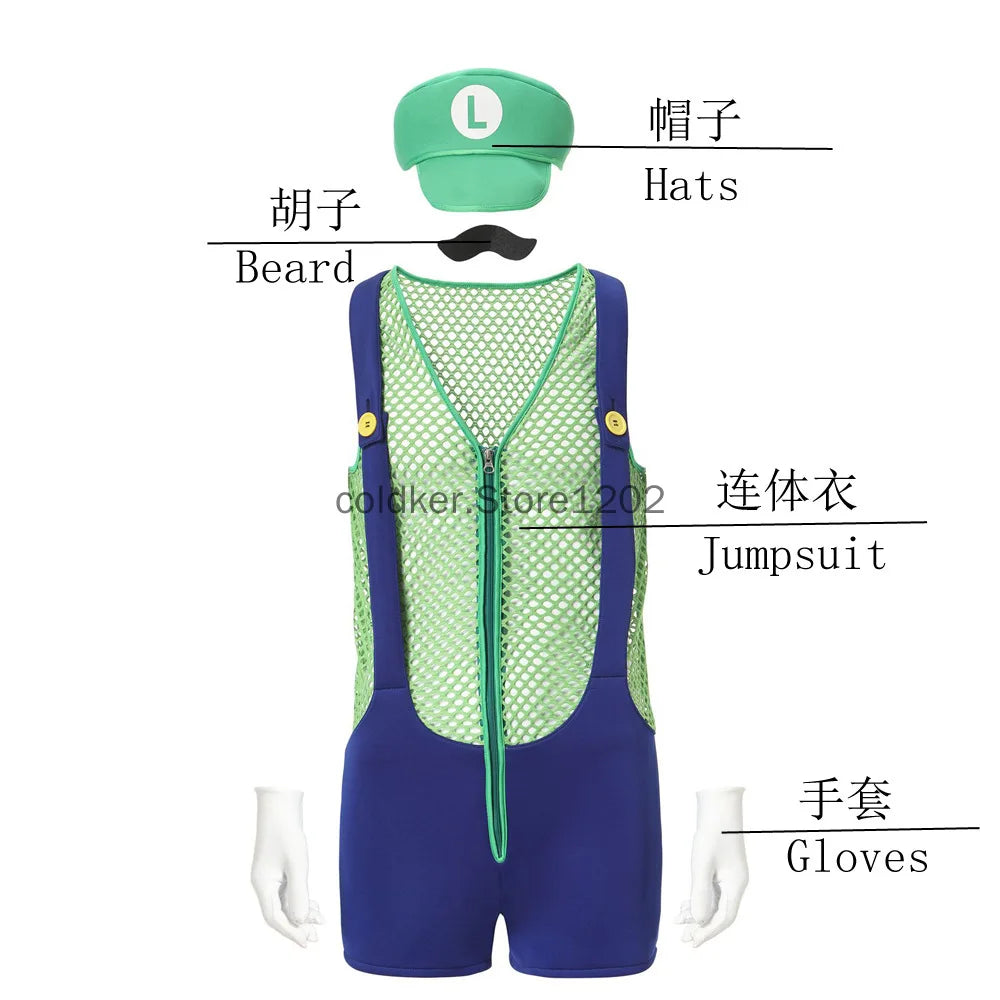 Halloween Adult Anime Cosplay Costume With Hat Men Sexy Costume Red Blue Plumber Brother Fancy Set Carnival Party Dress Up Good Vibrations