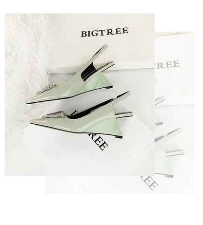 Wedges Women Shoes High Heel Shallow Pointed Toe Hollow Back Straps Patent Leather Triangle Metal Crystal Buckle Pumps Good Vibrations