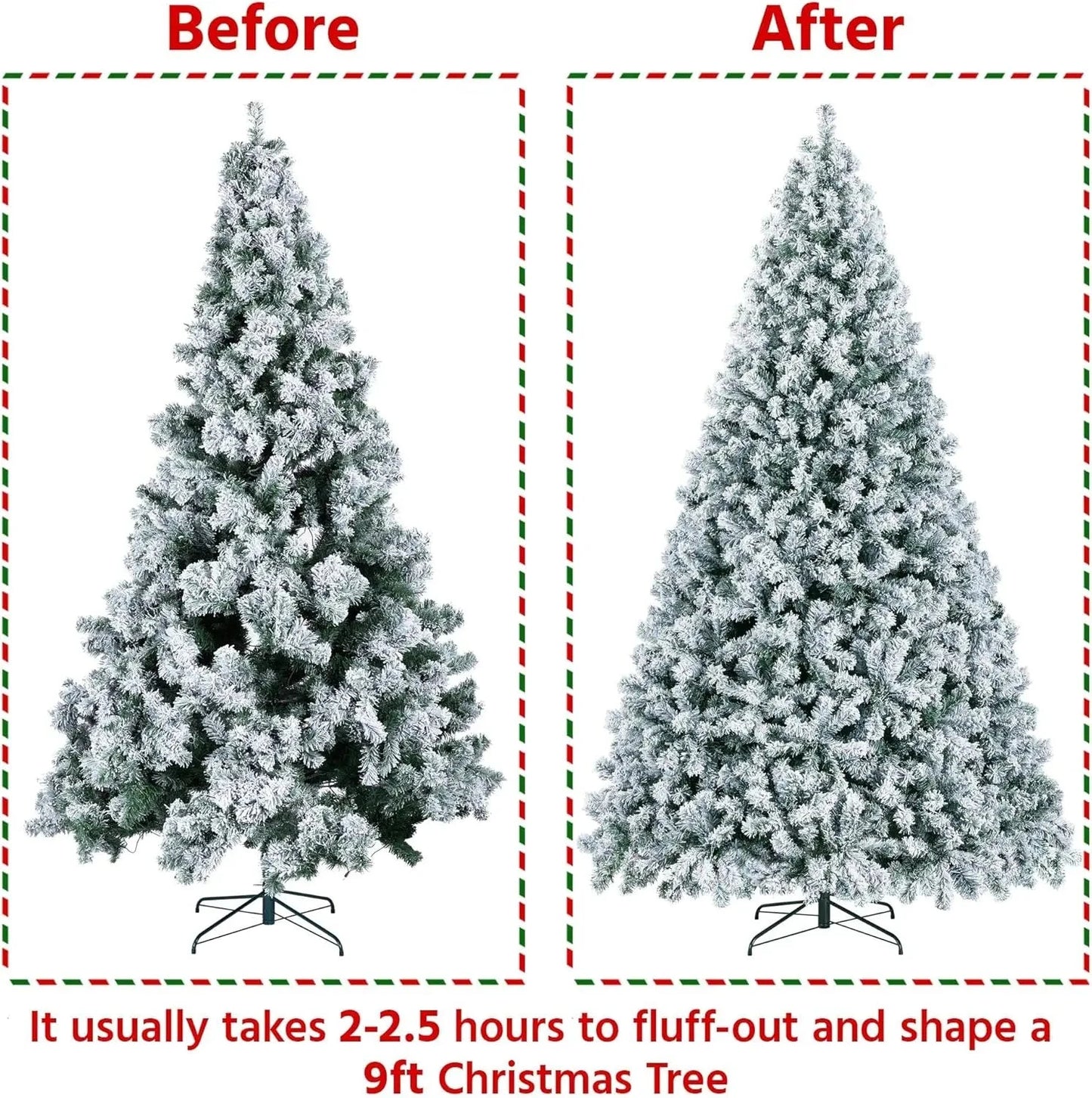 5 to 10ft Artificial Christmas Tree , Snow Flocked Full Prelighted Xmas Tree with 2084 Branch Tips, 900 Incandescent Lights Good Vibrations