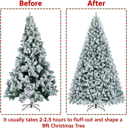 5 to 10ft Artificial Christmas Tree , Snow Flocked Full Prelighted Xmas Tree with 2084 Branch Tips, 900 Incandescent Lights Good Vibrations