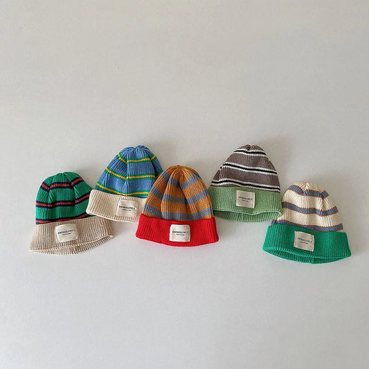 Fashion Striped Kids Knit Hat Boys Beanie Cap Girls Bonnet Cap With Label Korean Style Winter Autumn Infant Baby Accessories Good Vibrations