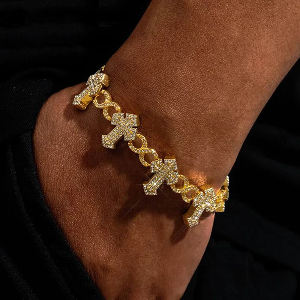 2025 New Men Boy Hip Hop Jewelry Iced Out Bling 5A CZ Multi Cross Charm X Shape Cuban Chain Charm Bracelet Gifts Good Vibrations