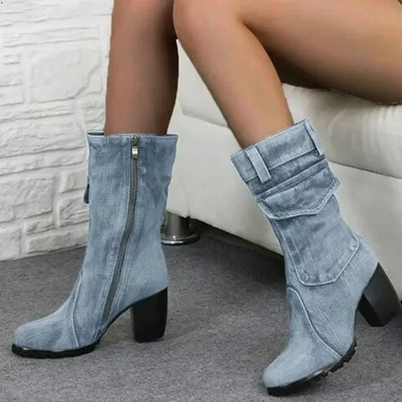 Cowboy Women's Boots 2024 Autumn and Winter New Pointed Denim Style Casual Temperament High Heels Single Shoes Zapatos De Mujer Good Vibrations