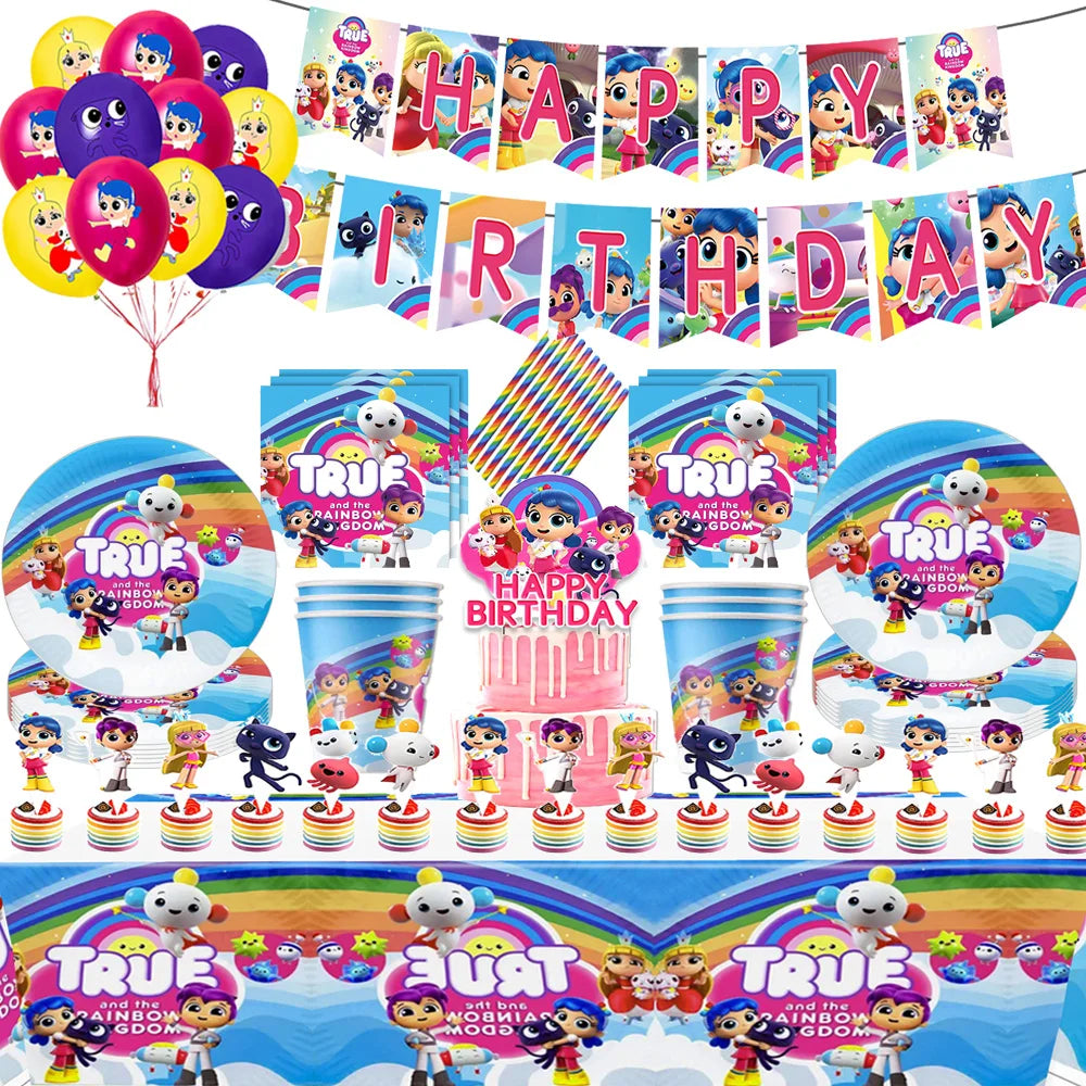 True Rainbow Kingdom Party Supplies Disposable Tableware Plates Balloon Cake Topper Kids For Boy Girl Favor Birthday Party Decor Good Vibrations