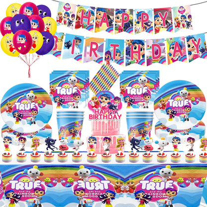 True Rainbow Kingdom Party Supplies Disposable Tableware Plates Balloon Cake Topper Kids For Boy Girl Favor Birthday Party Decor Good Vibrations