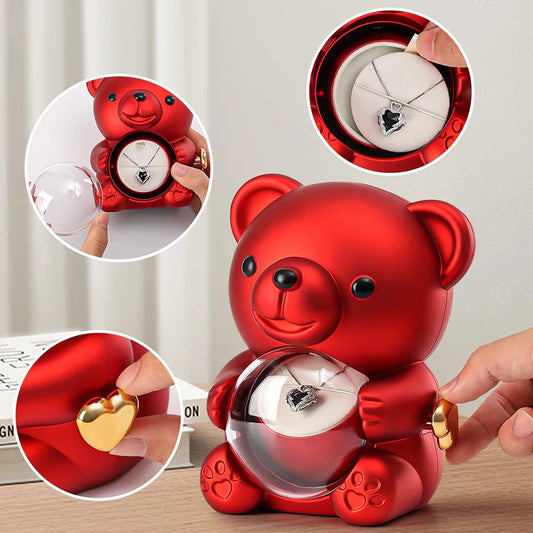 Rotating Hugging Bear Rose Jewelry Box Eternal Flower Gift Box Mother's Day Valentine's Day Christmas Gift (without necklace) Good Vibrations