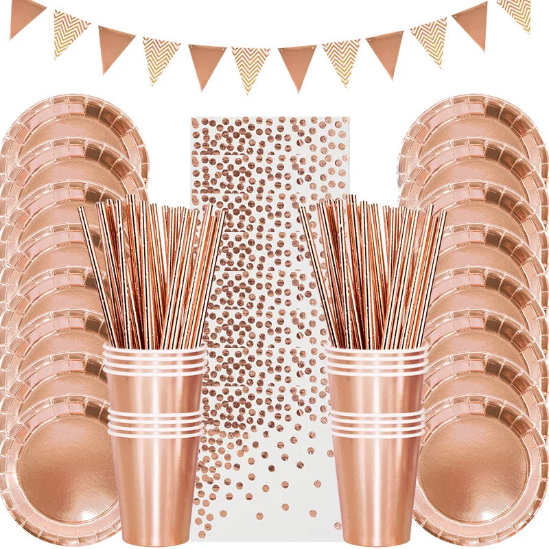 Rose Gold Party Disposable Tableware Set Paper Plate Cup Kids Adult Birthday Wedding Bachelorette Party Decoration Baby Shower Good Vibrations