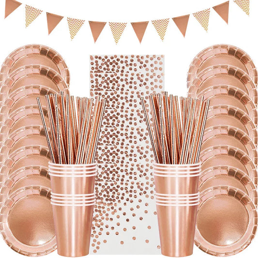 Rose Gold Party Disposable Tableware Set Paper Plate Cup Kids Adult Birthday Wedding Bachelorette Party Decoration Baby Shower Good Vibrations
