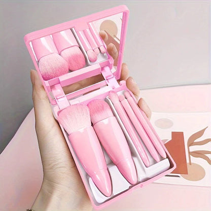 5Pcs Portable Makeup Brush Set With Mirror -  Foldable Travel Kit ，Mini Makeup Brush Set Travel Makeup Brush Set Good Vibrations