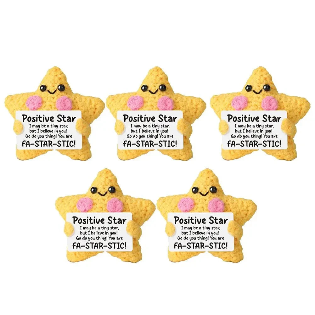 Cute Handwoven Positive Energy Star Ornaments Pocket Hug Crochet Doll Mini Handmade Knitted Plush Home Room Decor Party Gift Good Vibrations