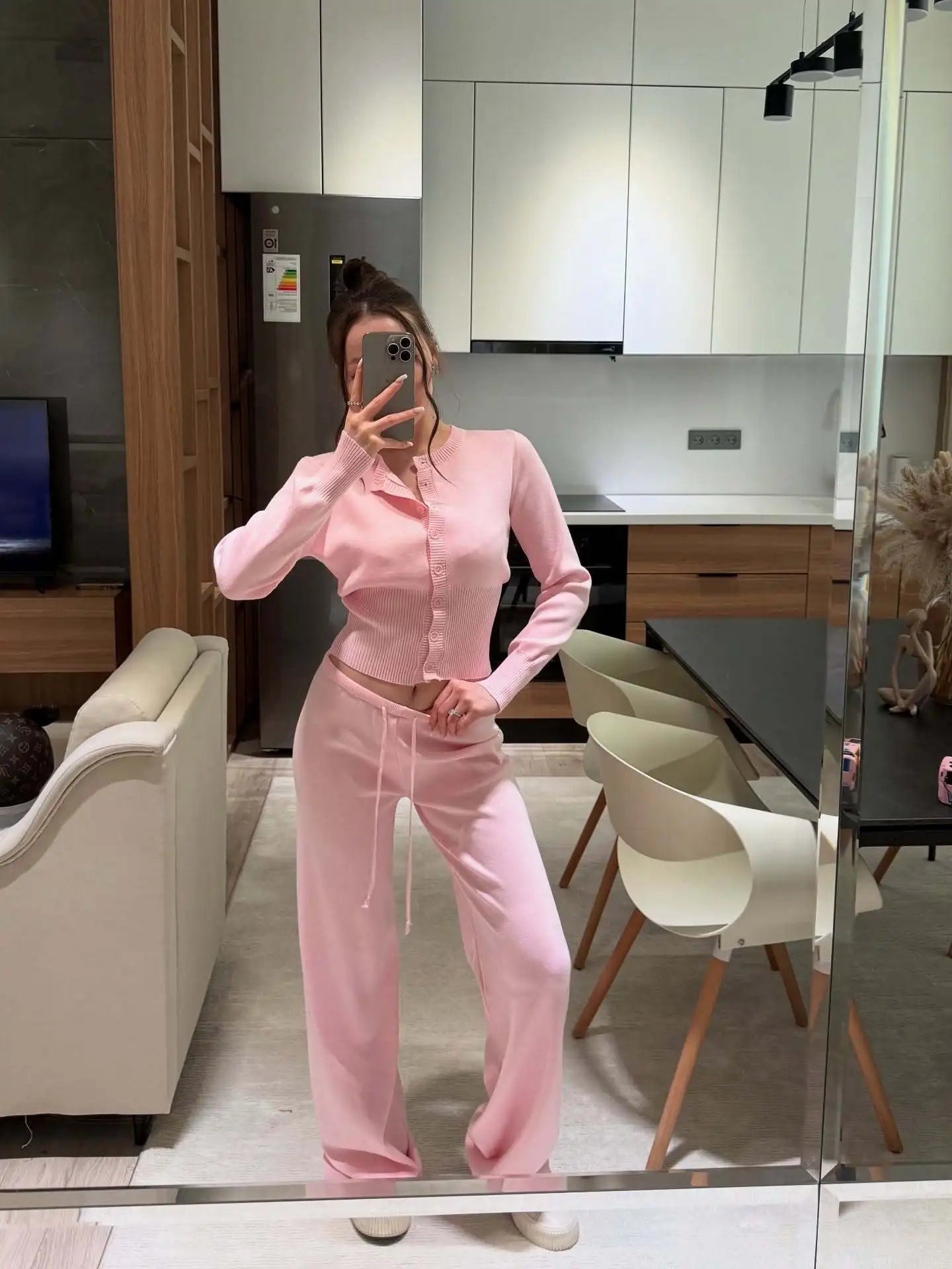 Tornova 2025 Fall Winter Knitted Suit Solid Cardigan Top Women's O neck Knitted Sweater Straight Trousers Two Piece Set Casual Good Vibrations